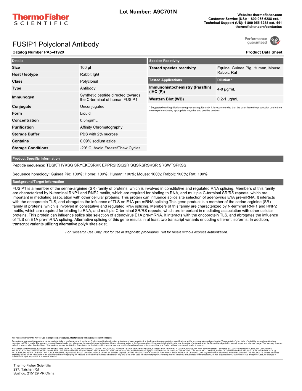 FUSIP1 Polyclonal Antibody Catalog Number PA5-41929 Product Data Sheet