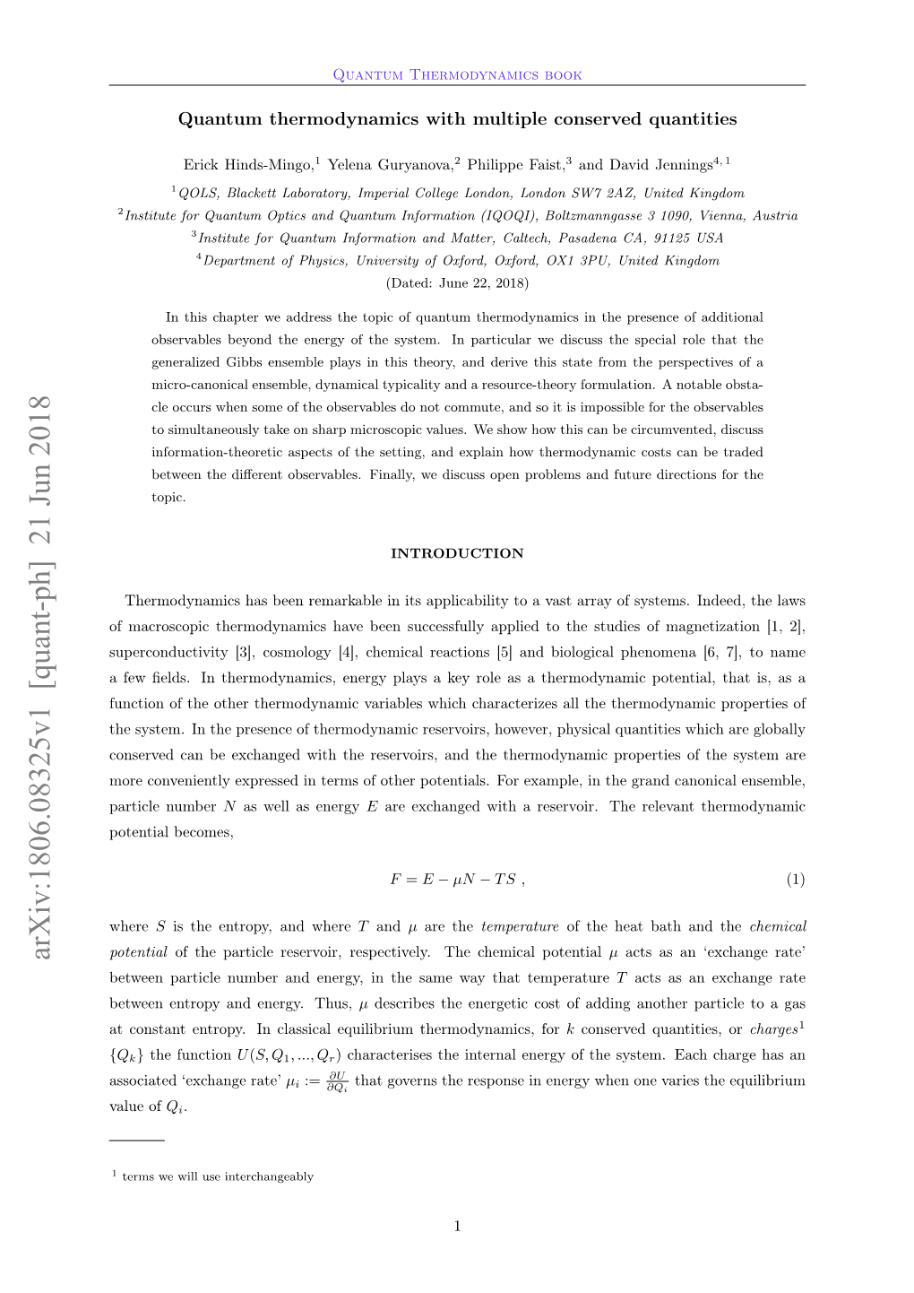 Arxiv:1806.08325V1 [Quant-Ph] 21 Jun 2018 Between Particle Number and Energy, in the Same Way That Temperature T Acts As an Exchange Rate Between Entropy and Energy