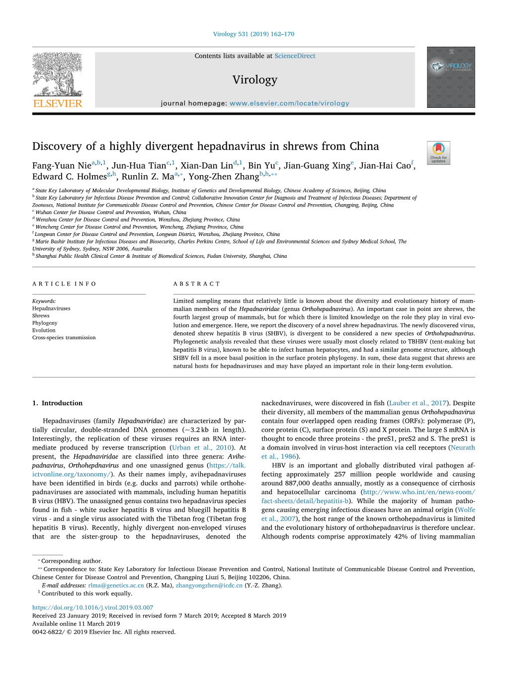 Discovery of a Highly Divergent Hepadnavirus in Shrews from China