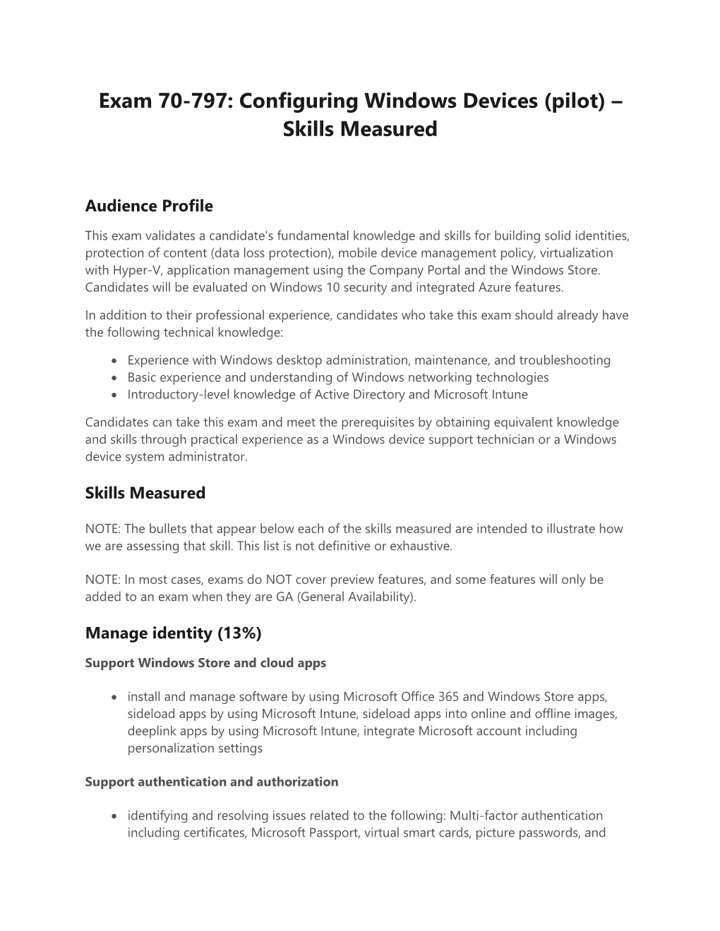 Exam 70-797: Configuring Windows Devices (Pilot) – Skills Measured