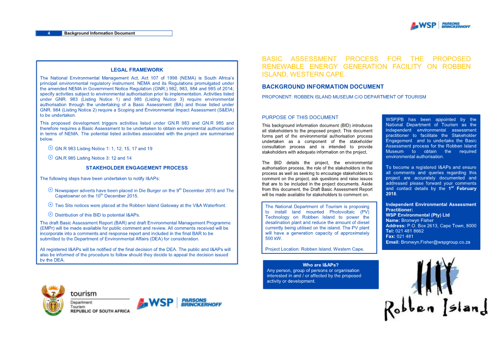 Basic Assessment Process for the Proposed Legal Framework Renewable Energy Generation Facility on Robben Island, Western Cape