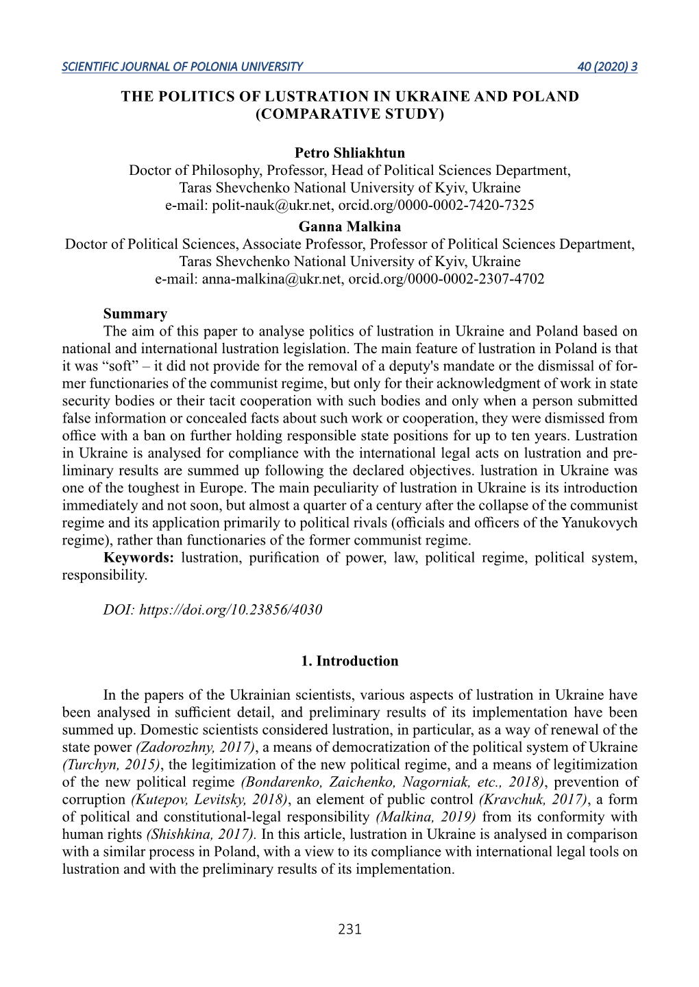 The Politics of Lustration in Ukraine and Poland (Comparative Study)