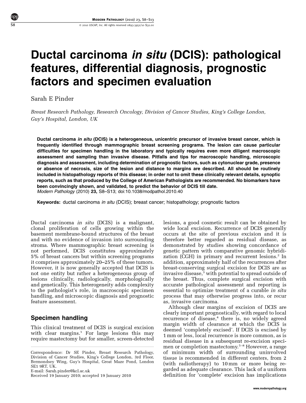 DCIS): Pathological Features, Differential Diagnosis, Prognostic Factors and Specimen Evaluation