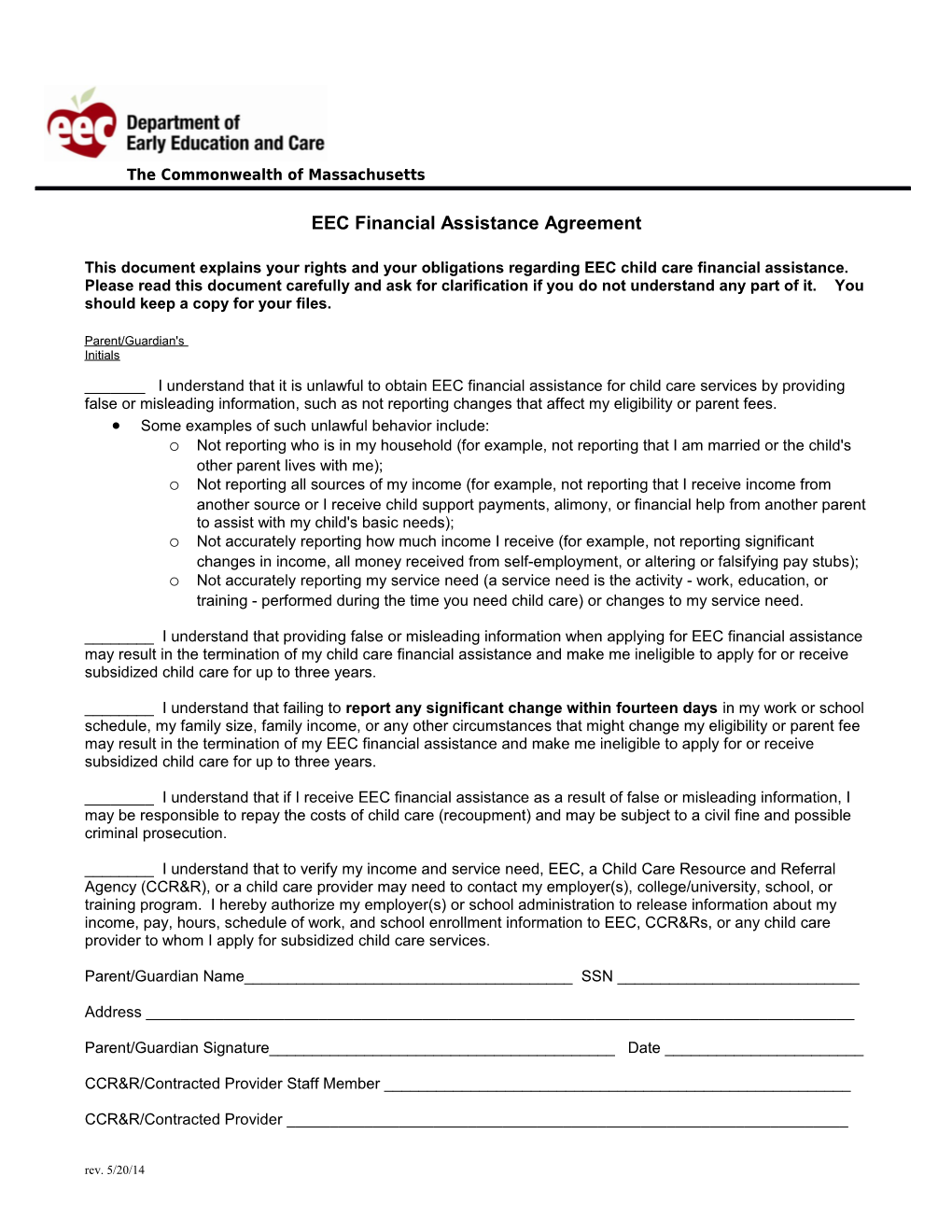 EEC Financial Assistance Agreement