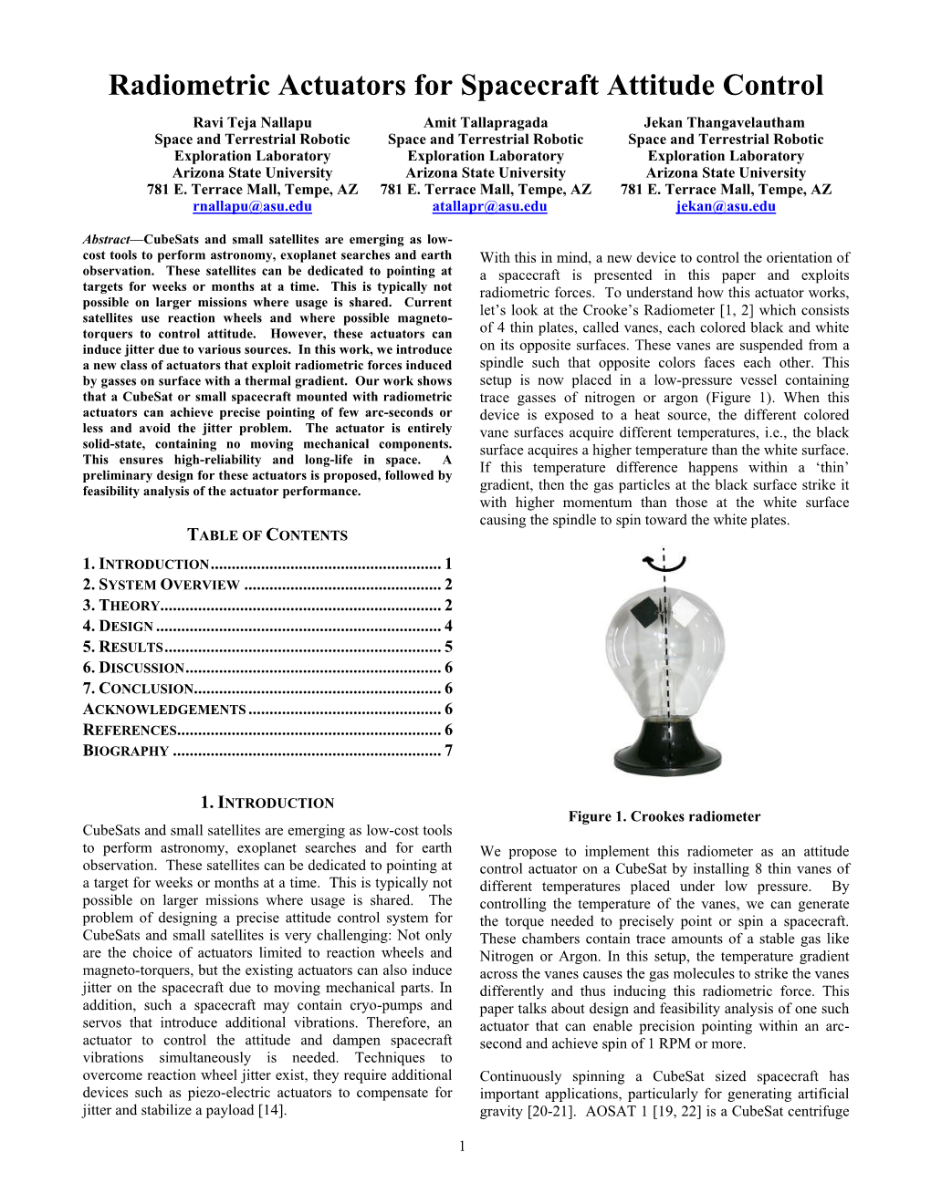 Radiometric Actuators for Spacecraft Attitude Control