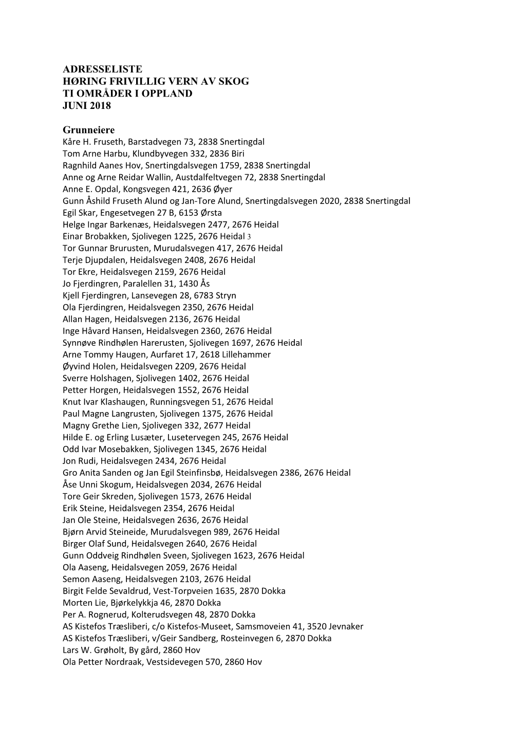 Adresseliste Høring Frivillig Vern Av Skog Ti Områder I Oppland Juni 2018