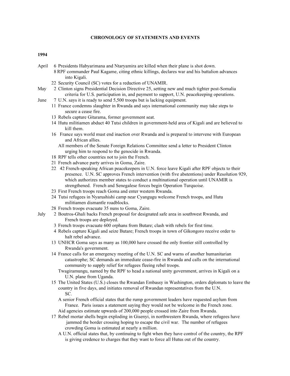 Chronology of Statements and Events