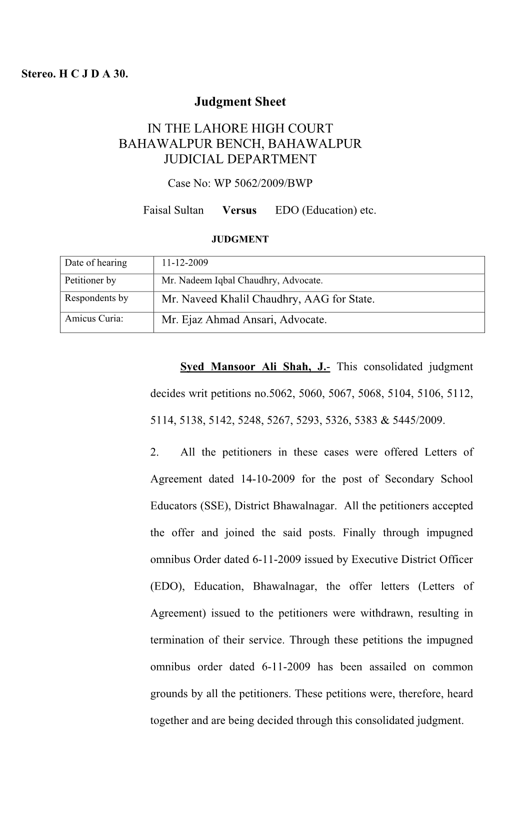 Judgment Sheet in the LAHORE HIGH COURT BAHAWALPUR