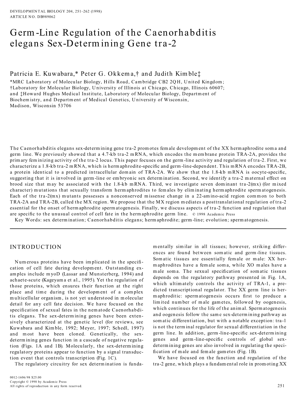 Germ-Line Regulation of the Caenorhabditis Elegans Sex-Determining Gene Tra-2