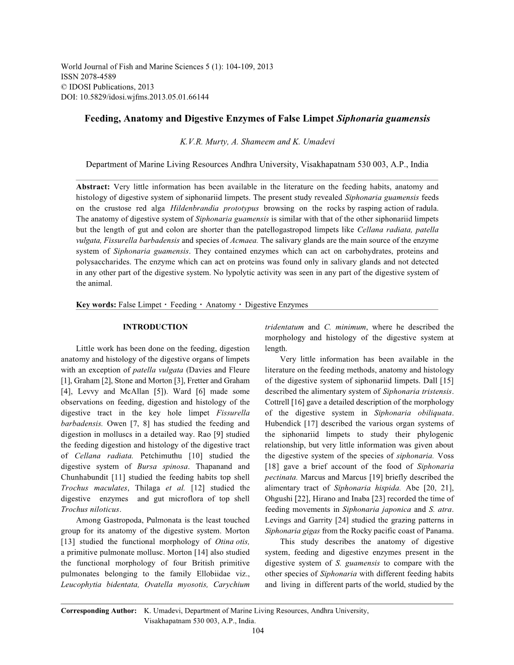 Feeding, Anatomy and Digestive Enzymes of False Limpet Siphonaria Guamensis