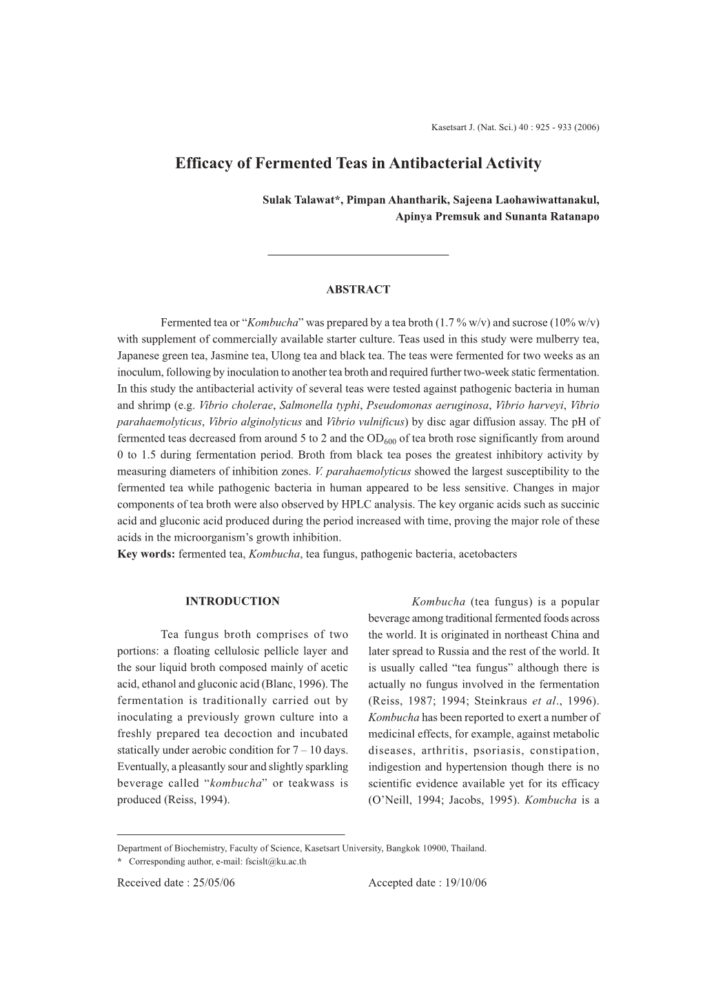 Efficacy of Fermented Teas in Antibacterial Activity