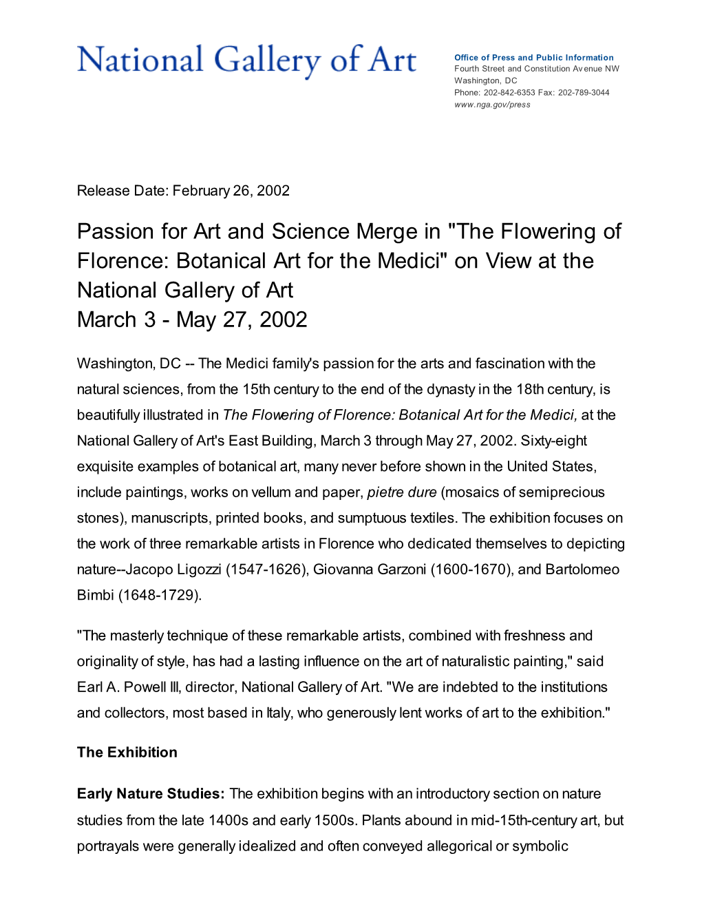 The Flowering of Florence: Botanical Art for the Medici" on View at the National Gallery of Art March 3 - May 27, 2002