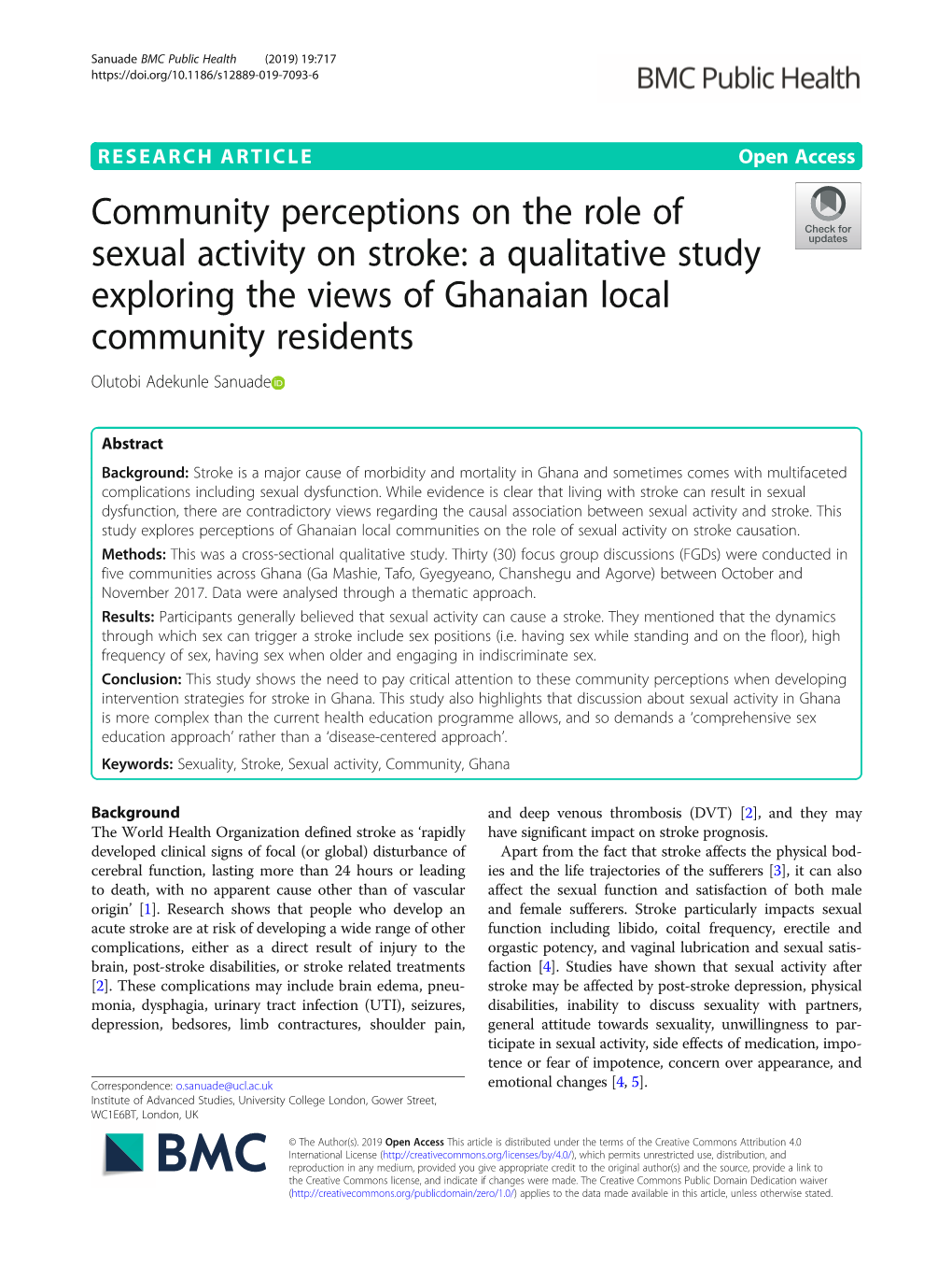 Community Perceptions on the Role of Sexual Activity on Stroke: a Qualitative Study Exploring the Views of Ghanaian Local Community Residents Olutobi Adekunle Sanuade