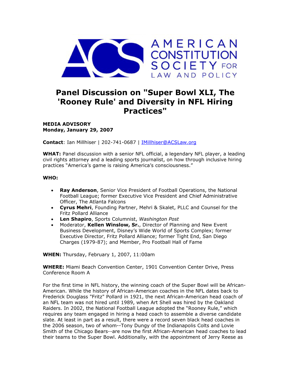 Panel Discussion on "Super Bowl XLI, the 'Rooney Rule' and Diversity in NFL Hiring Practices"