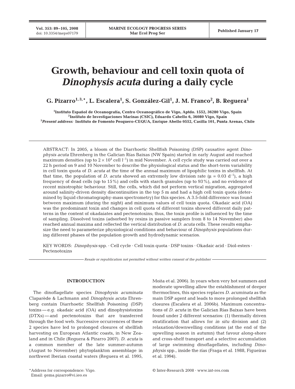 Growth, Behaviour and Cell Toxin Quota of Dinophysis Acuta During a Daily Cycle