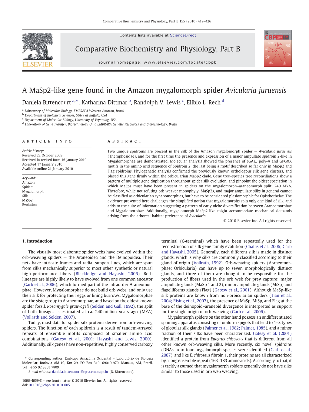 A Masp2-Like Gene Found in the Amazon Mygalomorph Spider Avicularia Juruensis