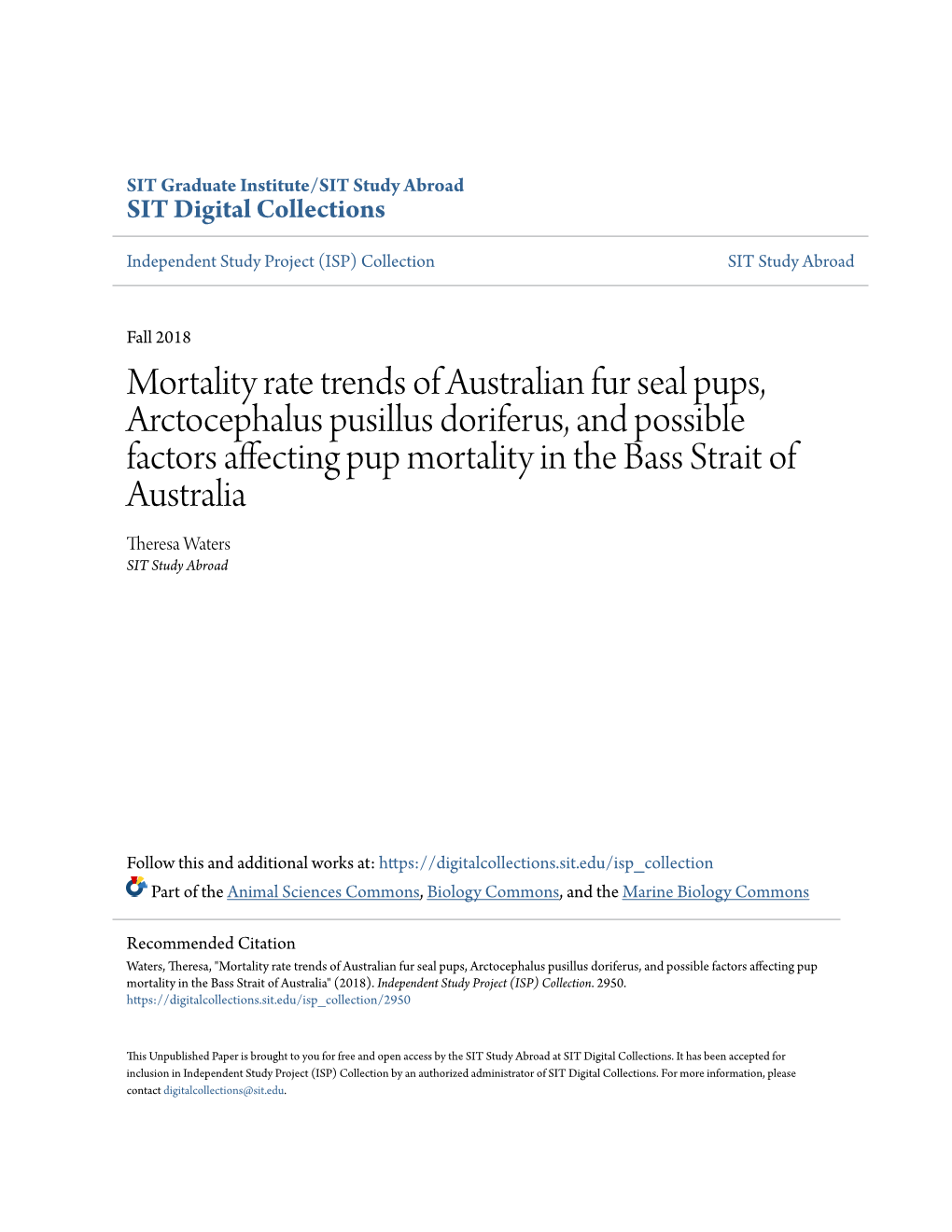 Mortality Rate Trends of Australian Fur Seal Pups, Arctocephalus Pusillus