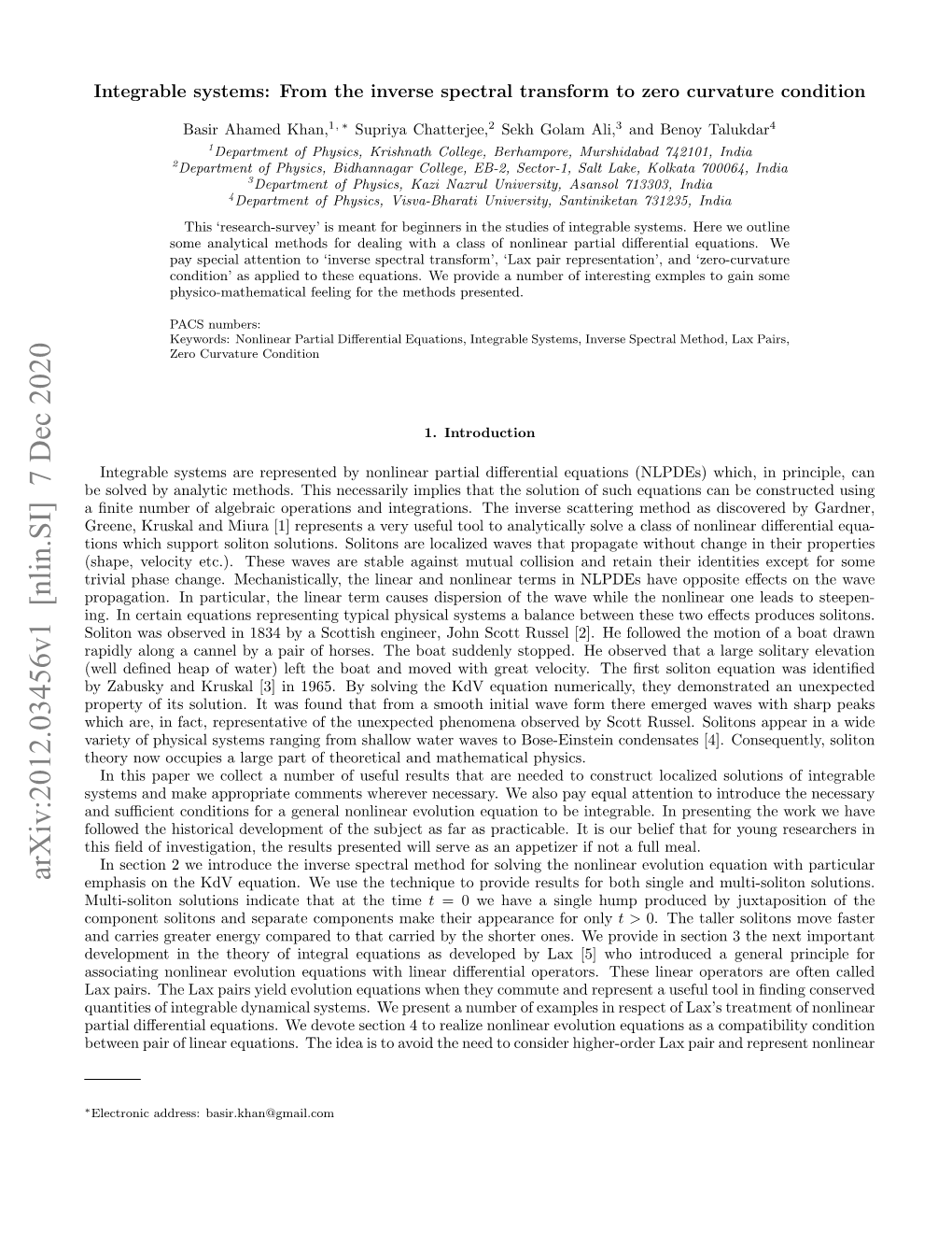 Arxiv:2012.03456V1 [Nlin.SI] 7 Dec 2020 Emphasis on the Kdv Equation