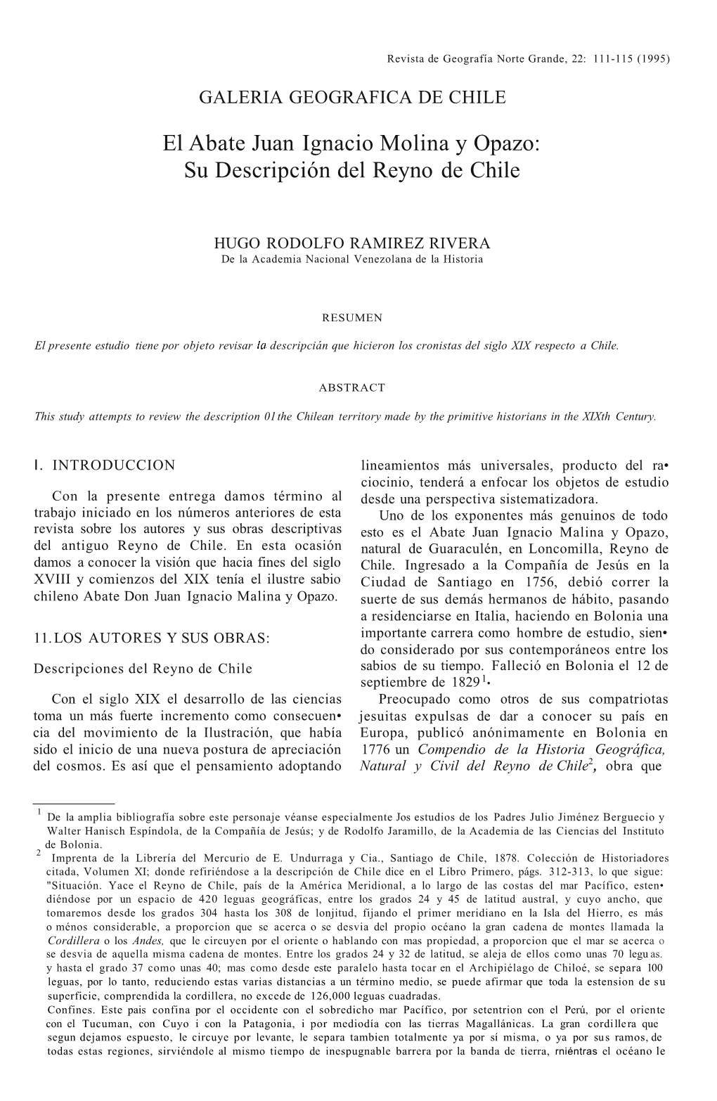 El Abate Juan Ignacio Molina Y Opazo: Su Descripción Del Reyno De Chile