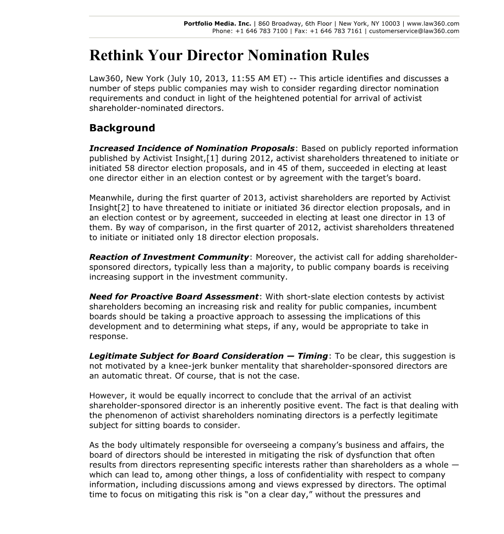 Rethink Your Director Nomination Rules - Law360 Page 1 of 6