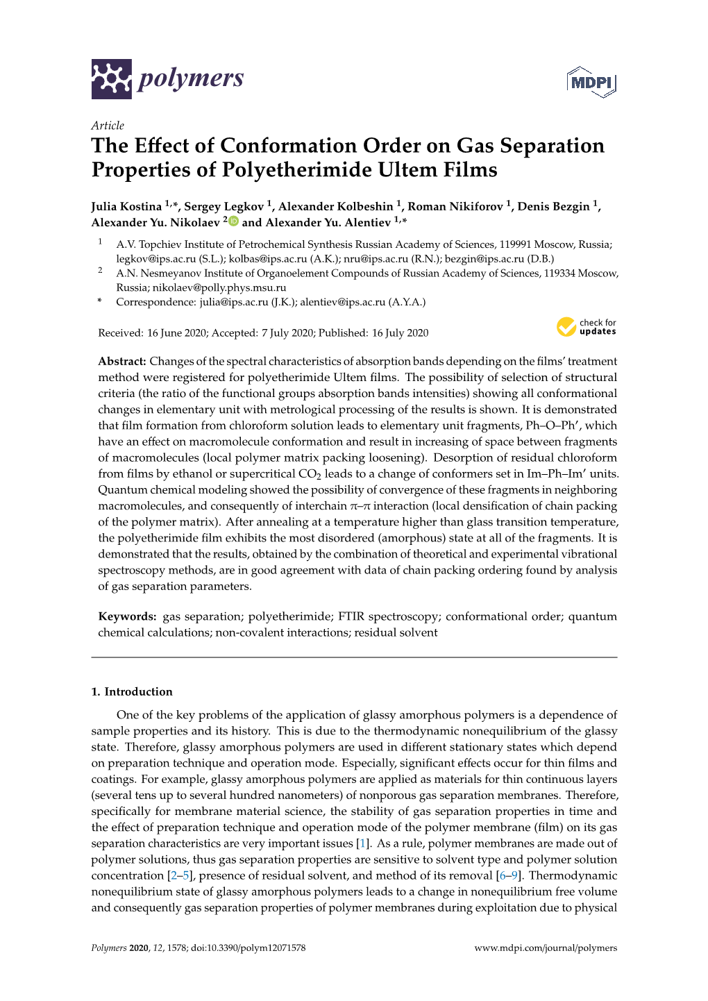 The Effect of Conformation Order on Gas Separation Properties Of