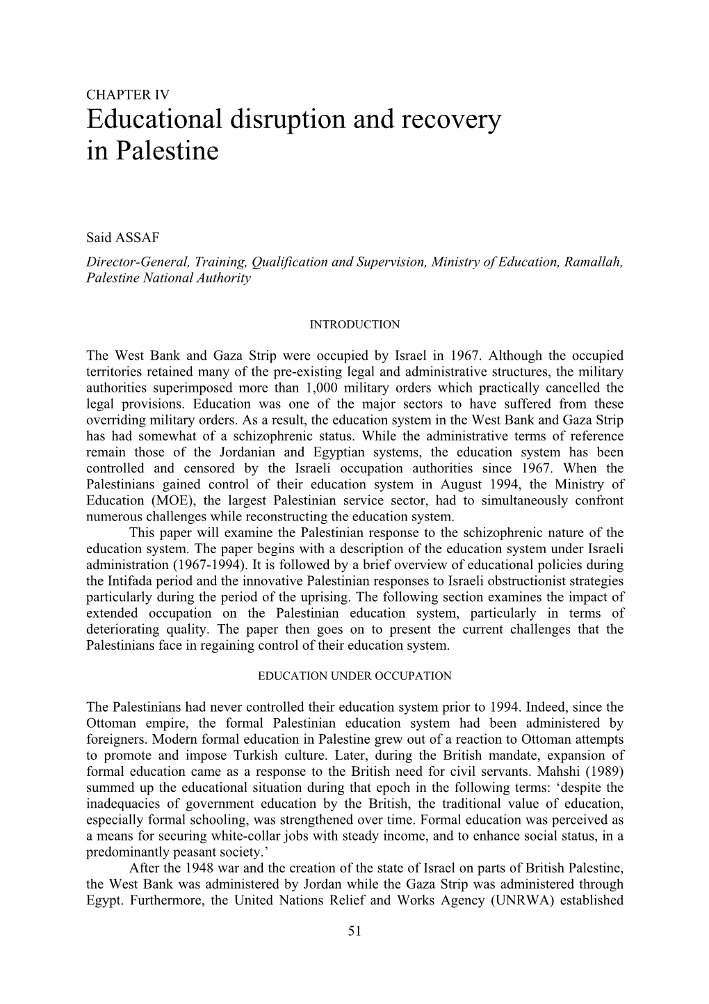 Educational Disruption and Recovery in Palestine