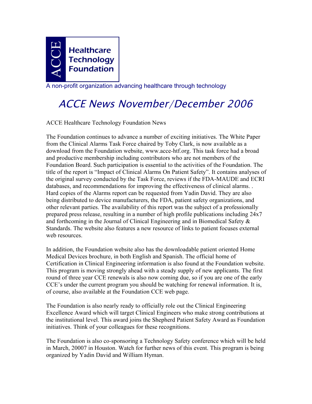 ACCE Healthcare Technology Foundation News