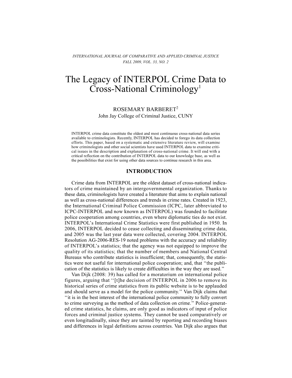 The Legacy of INTERPOL Crime Data to Cross-National Criminology1