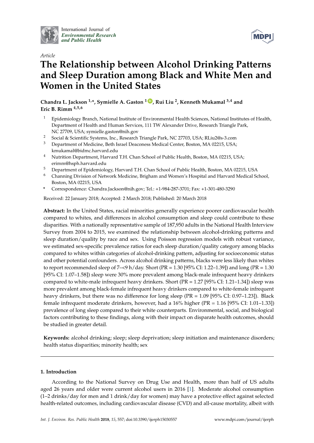 The Relationship Between Alcohol Drinking Patterns and Sleep Duration Among Black and White Men and Women in the United States