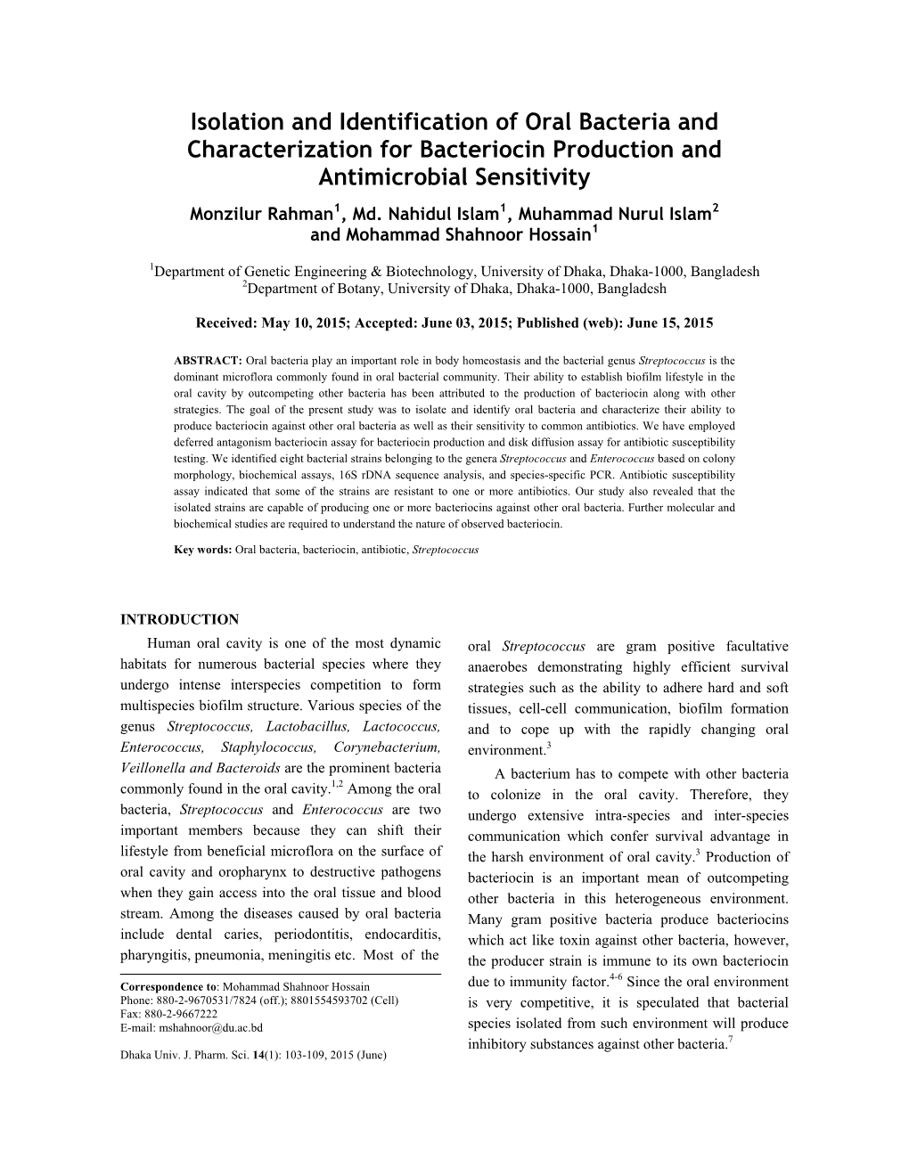 Isolation and Identification of Oral Bacteria and Characterization for Bacteriocin Production and Antimicrobial Sensitivity