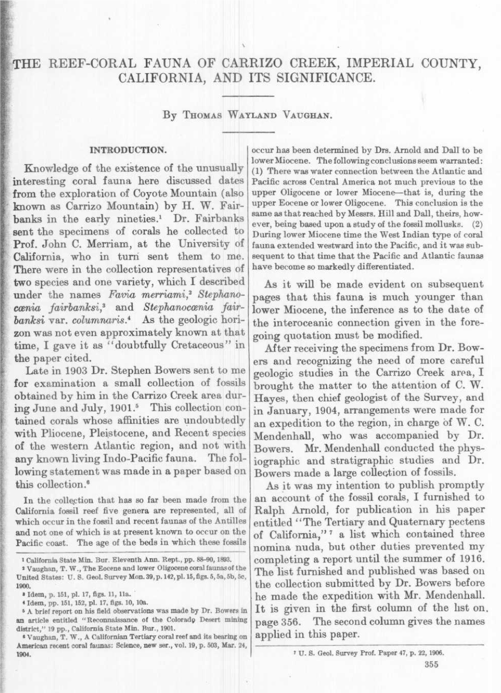 Reef-Coral Fauna of Carrizo Creek, Imperial County, California, and Its Significance