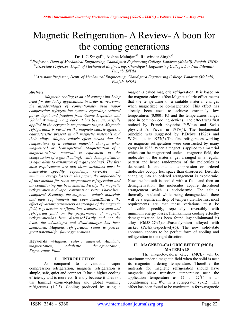 Magnetic Refrigeration- a Review- a Boon for the Coming Generations Dr