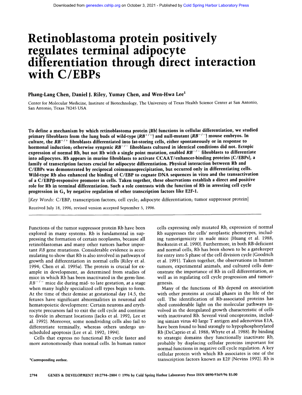 Retinoblastoma Protein Positively Regulates Terminal Adipocyte Differentiation Through Direct Interaction with C/Ebps