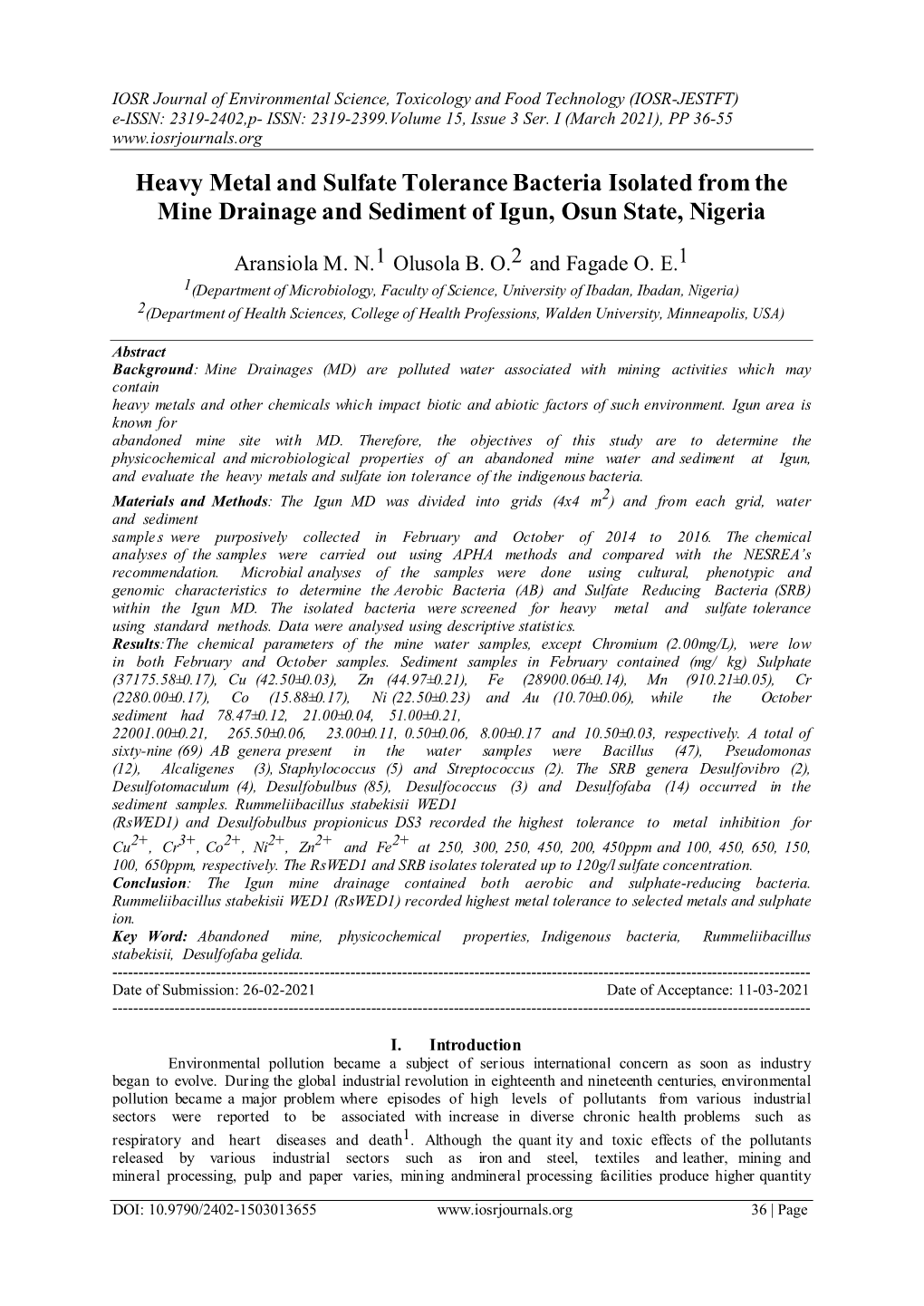 Heavy Metal and Sulfate Tolerance Bacteria Isolated from the Mine Drainage and Sediment of Igun, Osun State, Nigeria