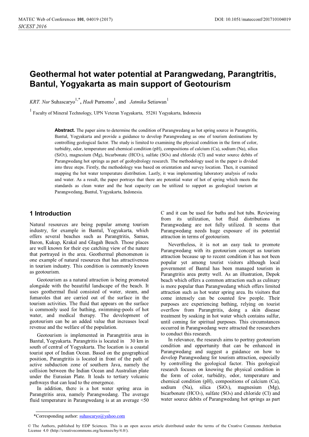 Geothermal Hot Water Potential at Parangwedang, Parangtritis, Bantul, Yogyakarta As Main Support of Geotourism