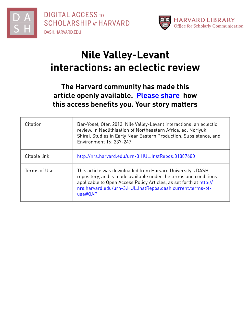 Nile Valley-Levant Interactions: an Eclectic Review