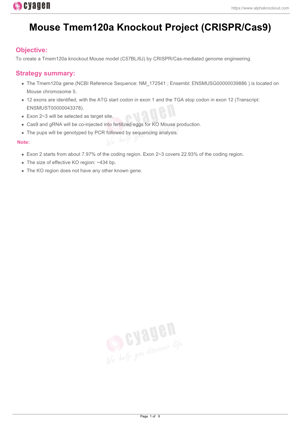 Mouse Tmem120a Knockout Project (CRISPR/Cas9)