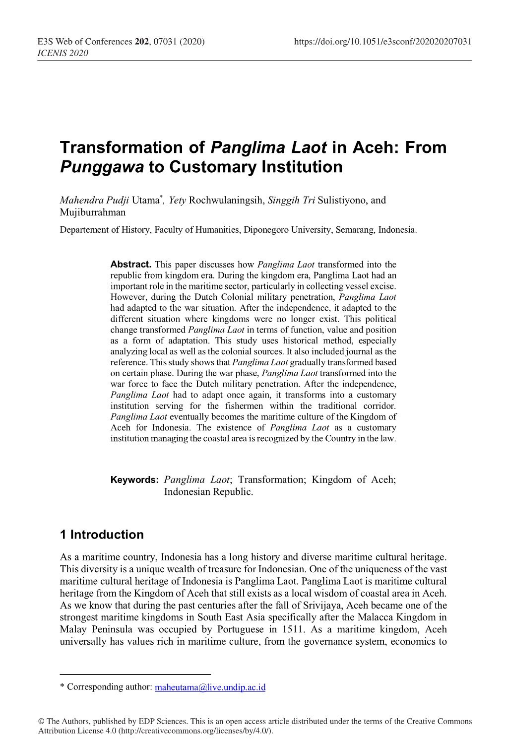 Transformation of Panglima Laot in Aceh: from Punggawa to Customary Institution