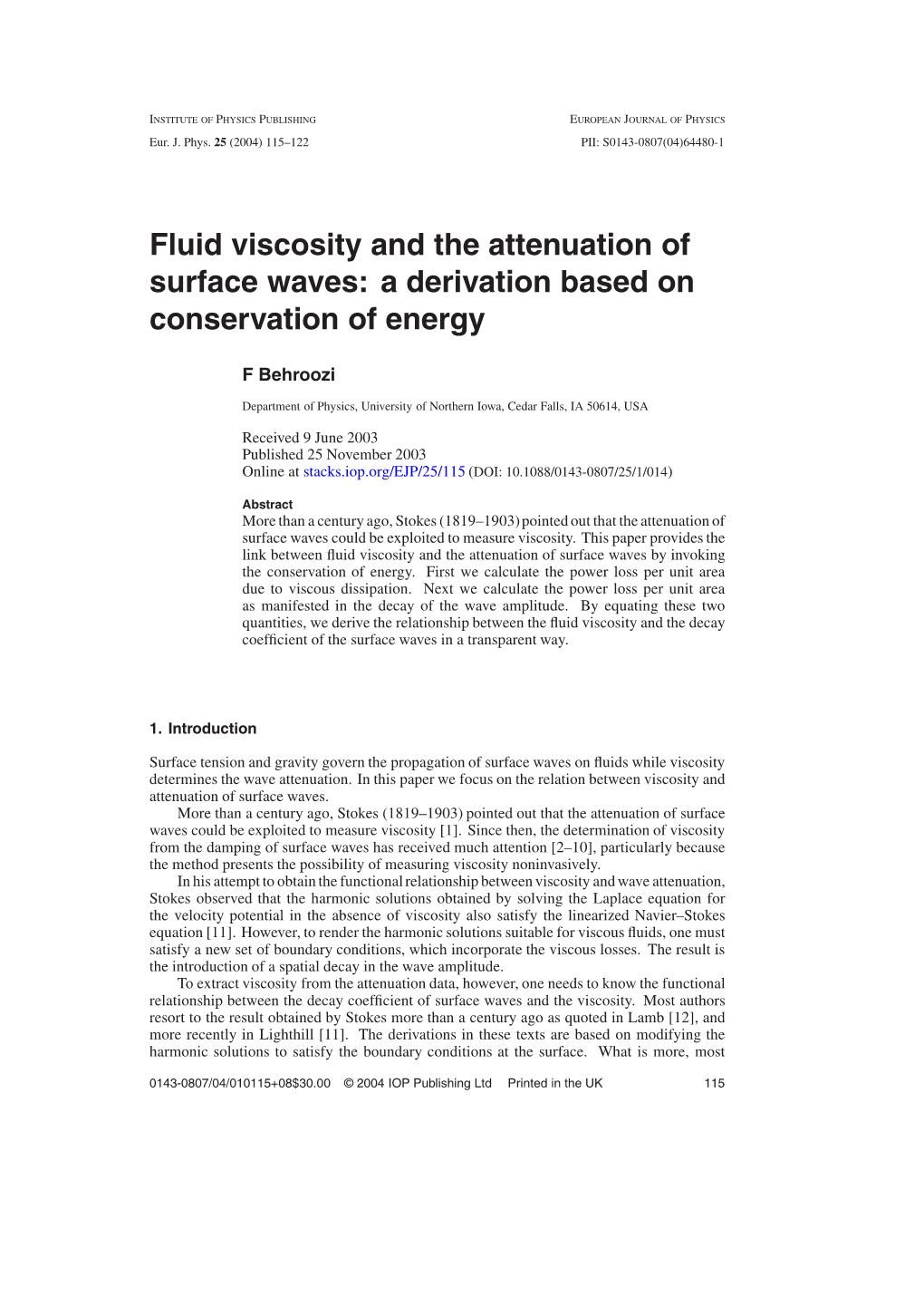 Fluid Viscosity and the Attenuation of Surface Waves: a Derivation Based on Conservation of Energy