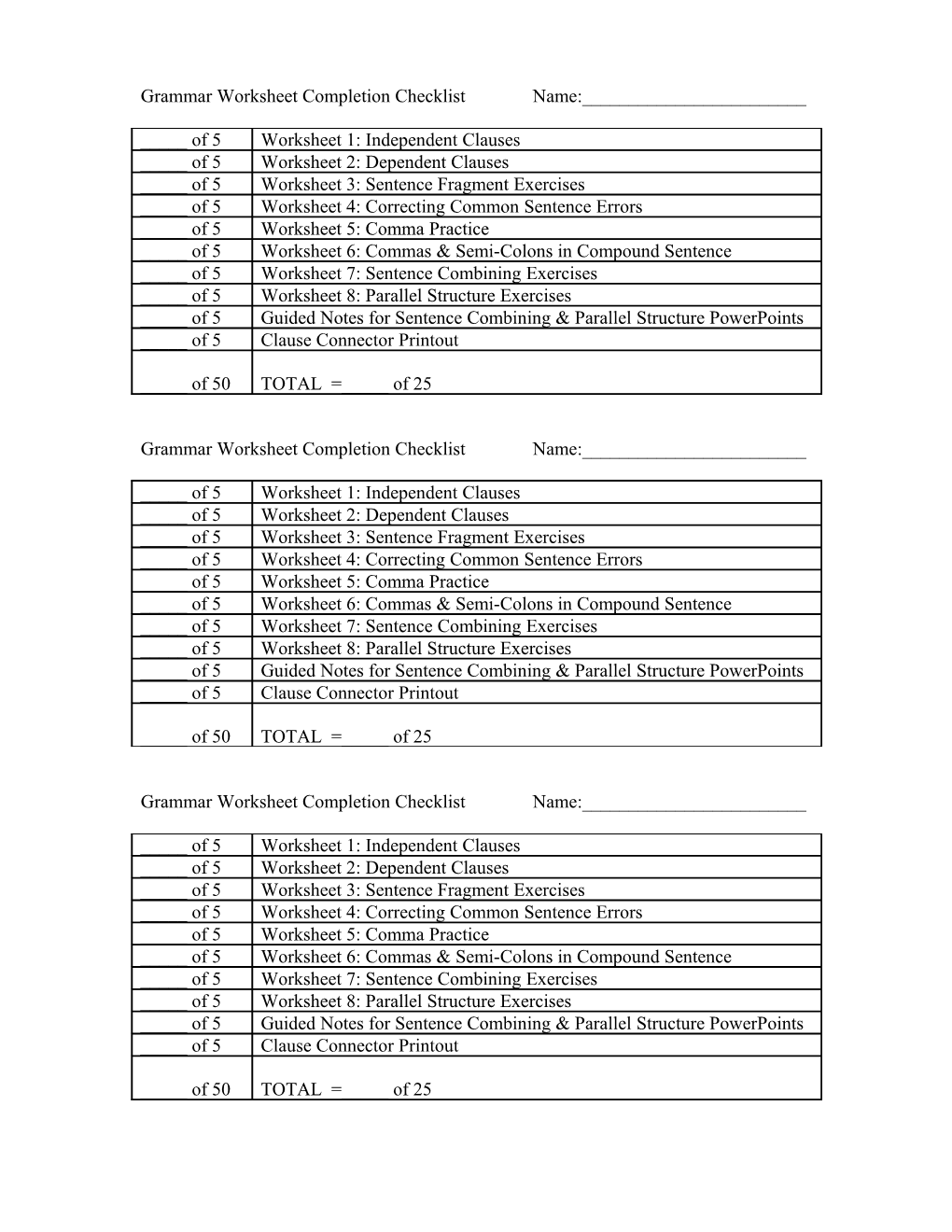 Grammar Worksheet Completion Checklist