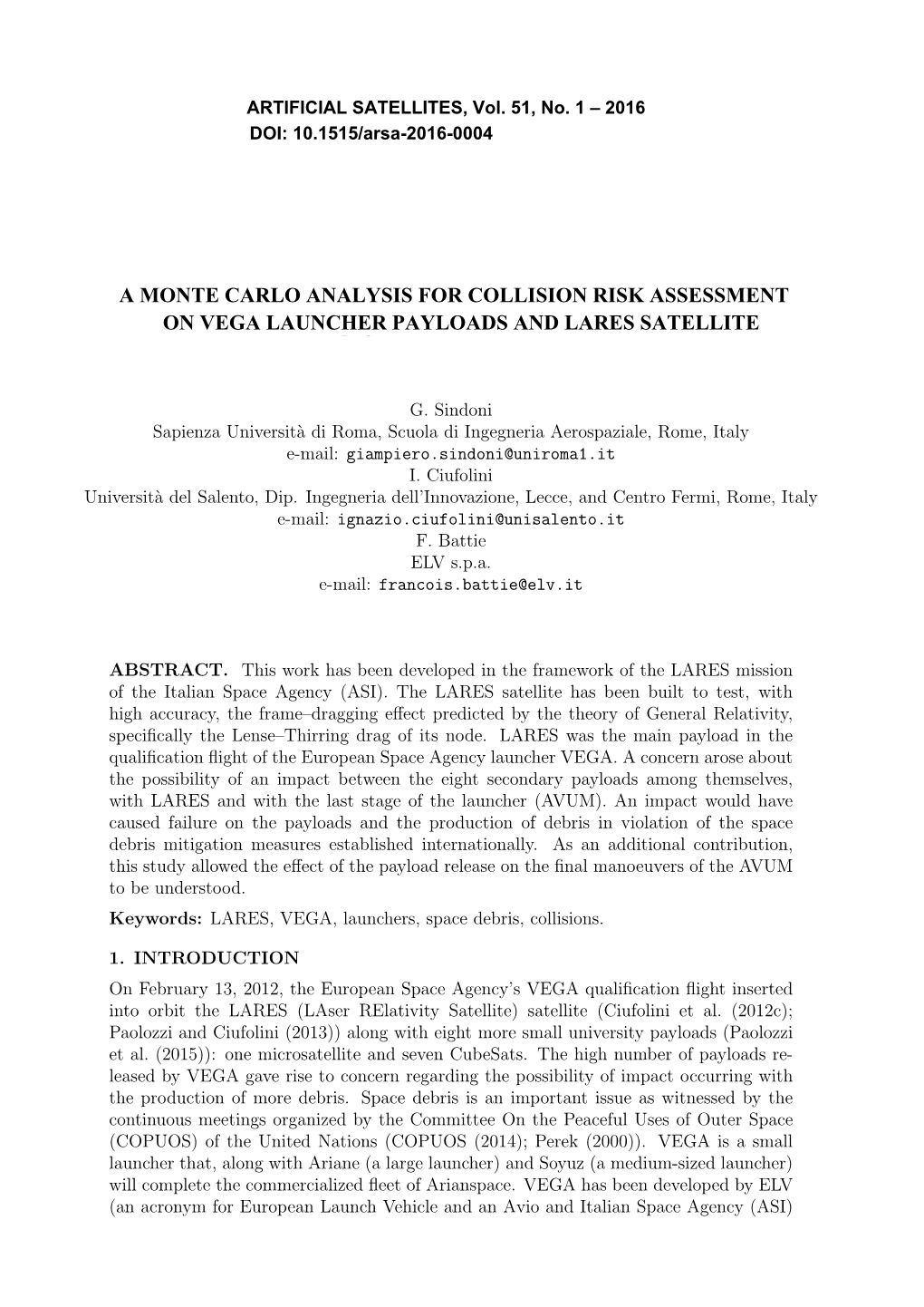 A Monte Carlo Analysis for Collision Risk Assessment on VEGA Launcher