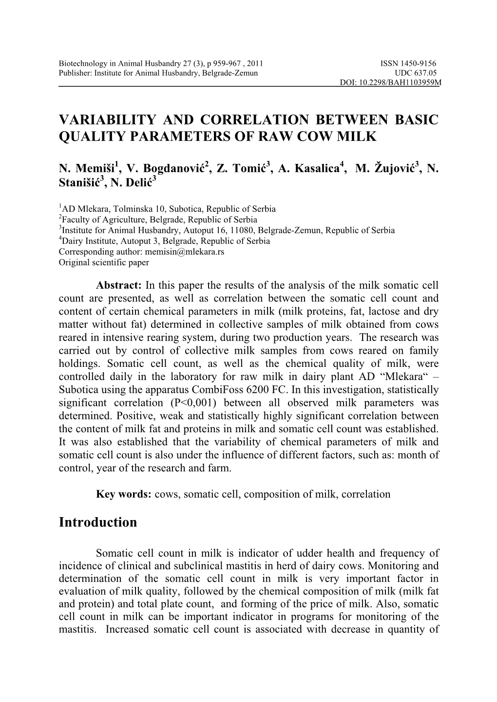 Variability and Correlation Between Basic Quality Parameters of Raw Cow Milk