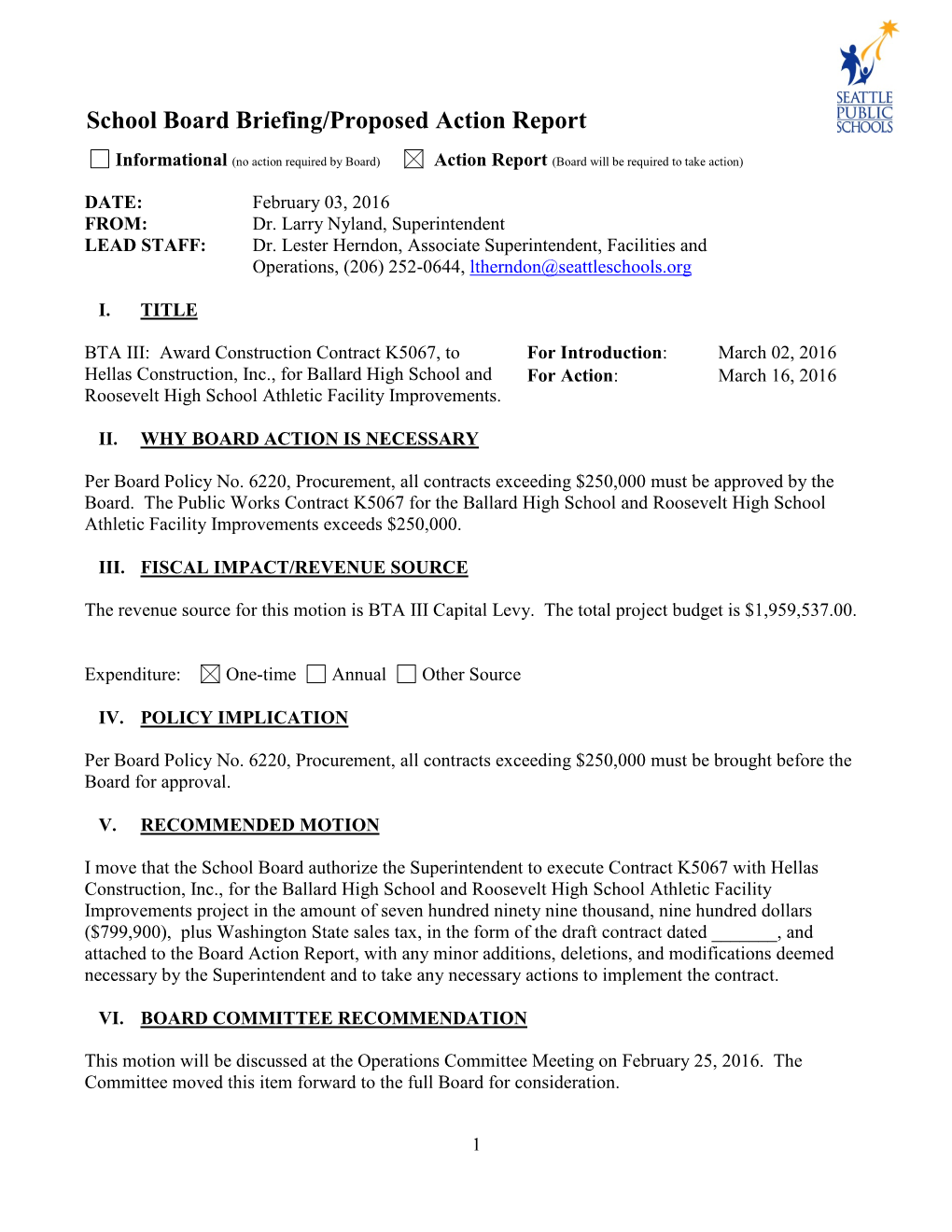 School Board Briefing/Proposed Action Report
