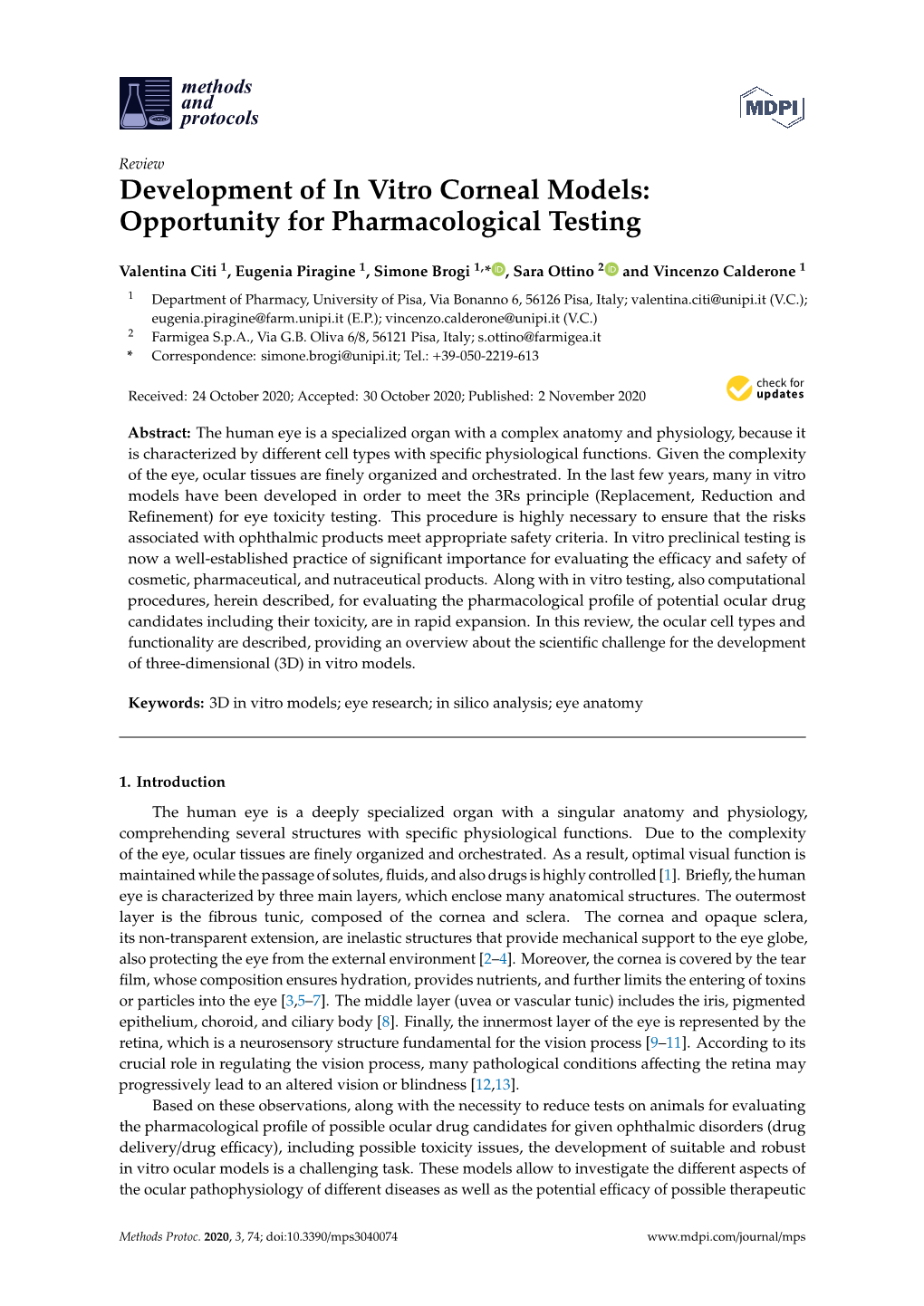 Development of in Vitro Corneal Models: Opportunity for Pharmacological Testing