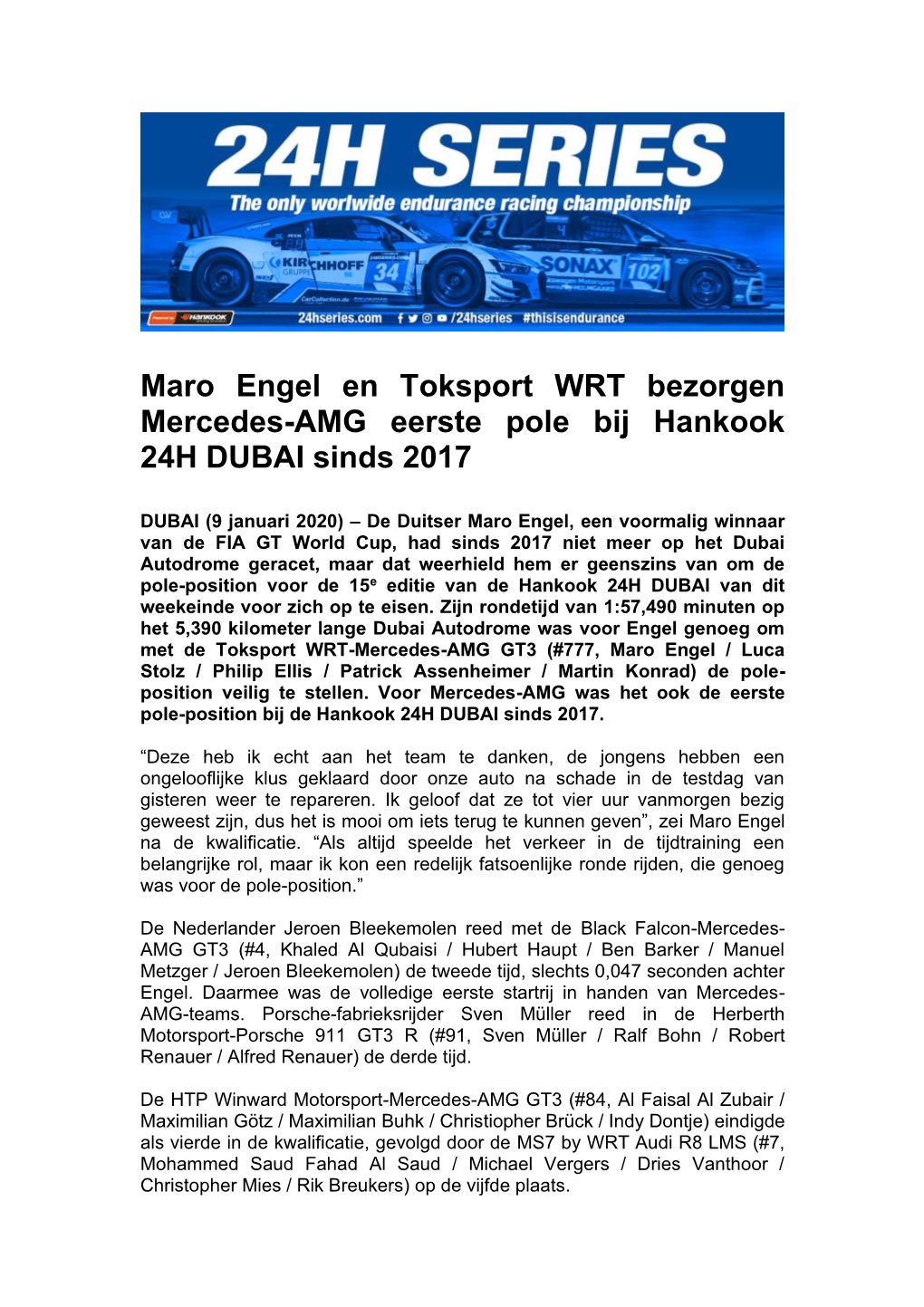 Maro Engel En Toksport WRT Bezorgen Mercedes-AMG Eerste Pole Bij Hankook 24H DUBAI Sinds 2017