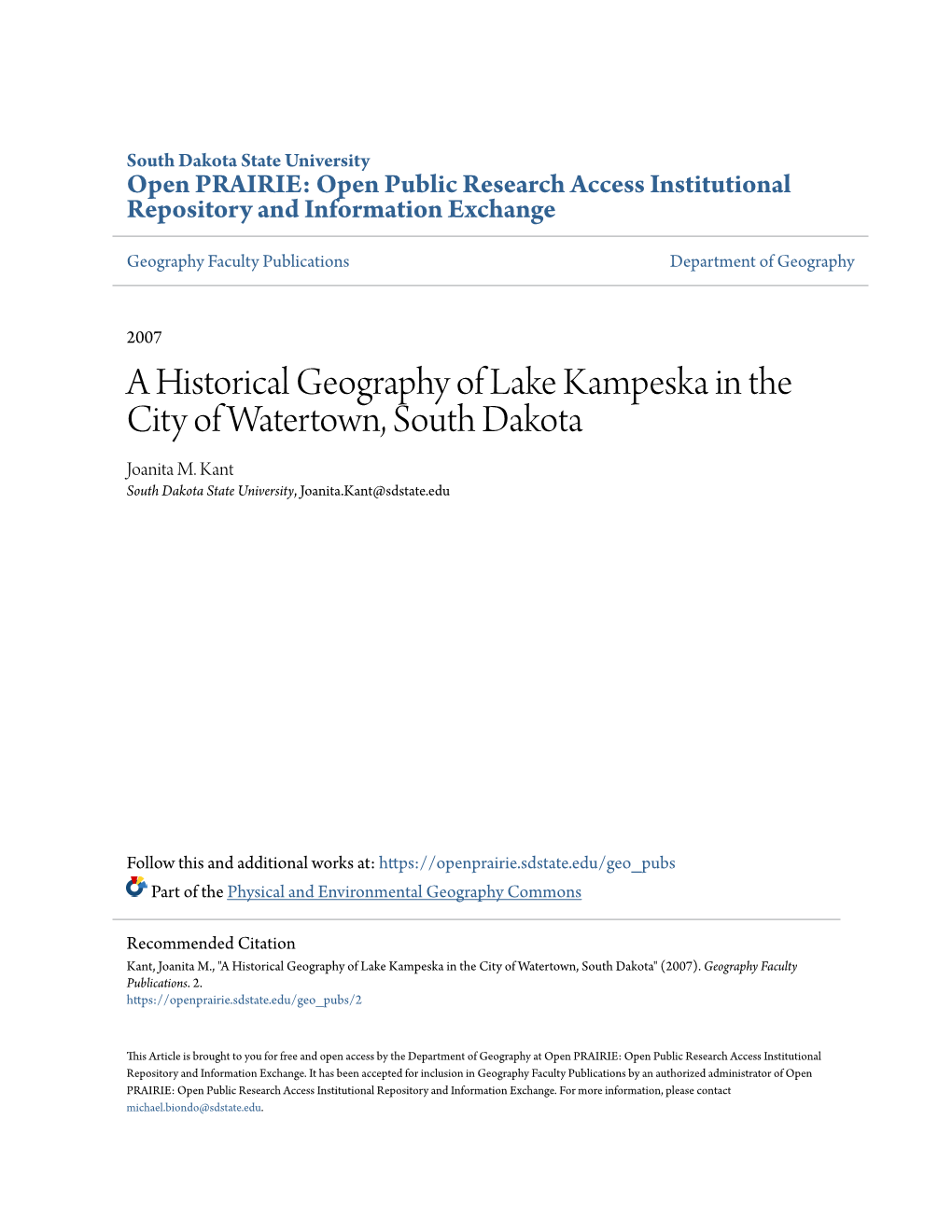 A Historical Geography of Lake Kampeska in the City of Watertown, South Dakota Joanita M