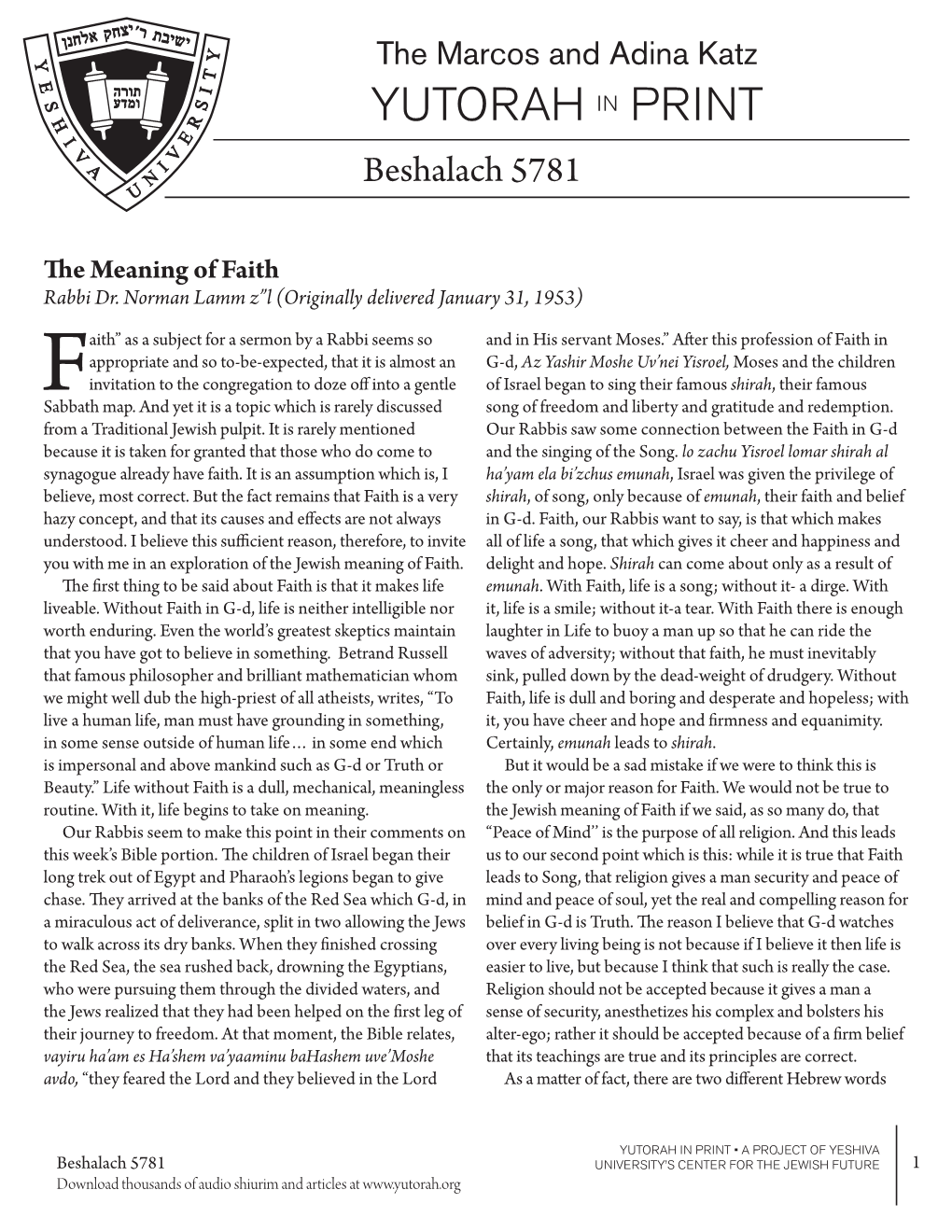 YUTORAH in PRINT Beshalach 5781