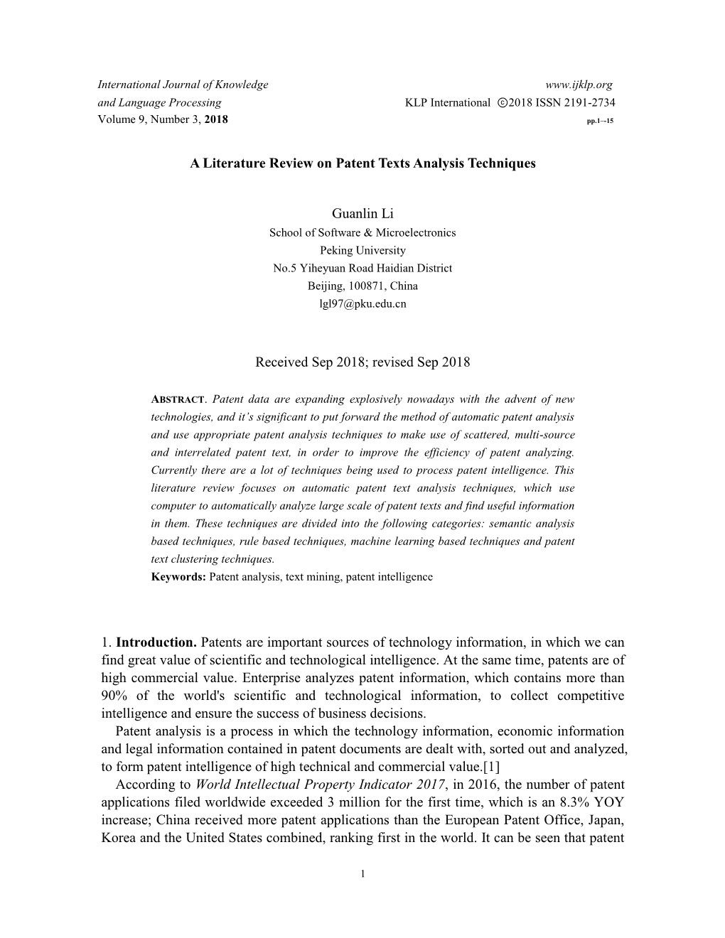 A Literature Review on Patent Texts Analysis Techniques Guanlin Li