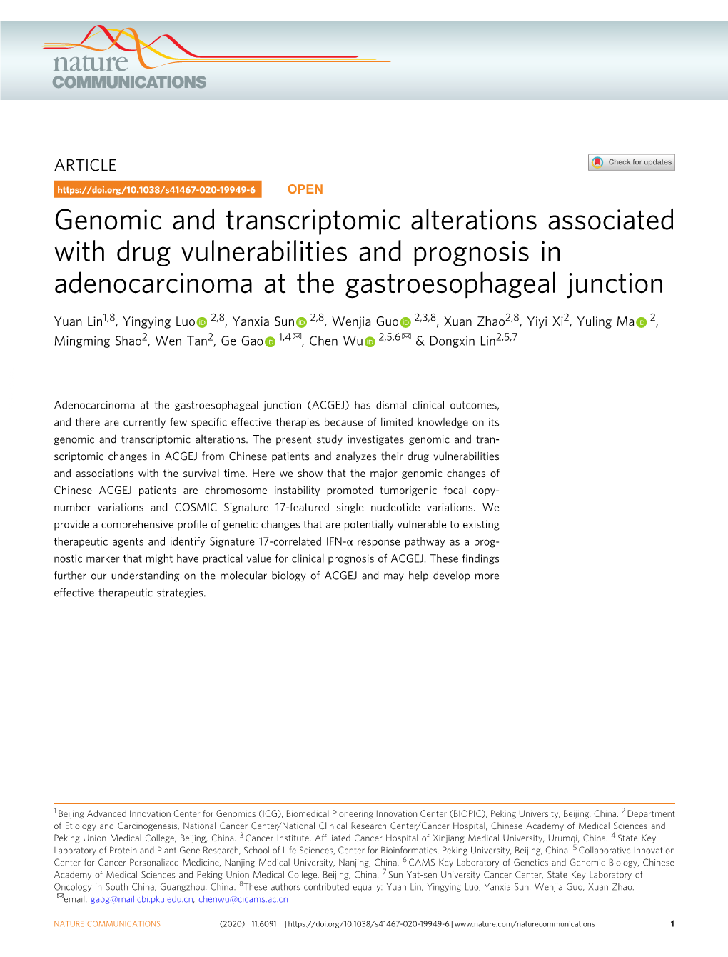 Genomic and Transcriptomic Alterations Associated with Drug Vulnerabilities and Prognosis in Adenocarcinoma at the Gastroesophageal Junction