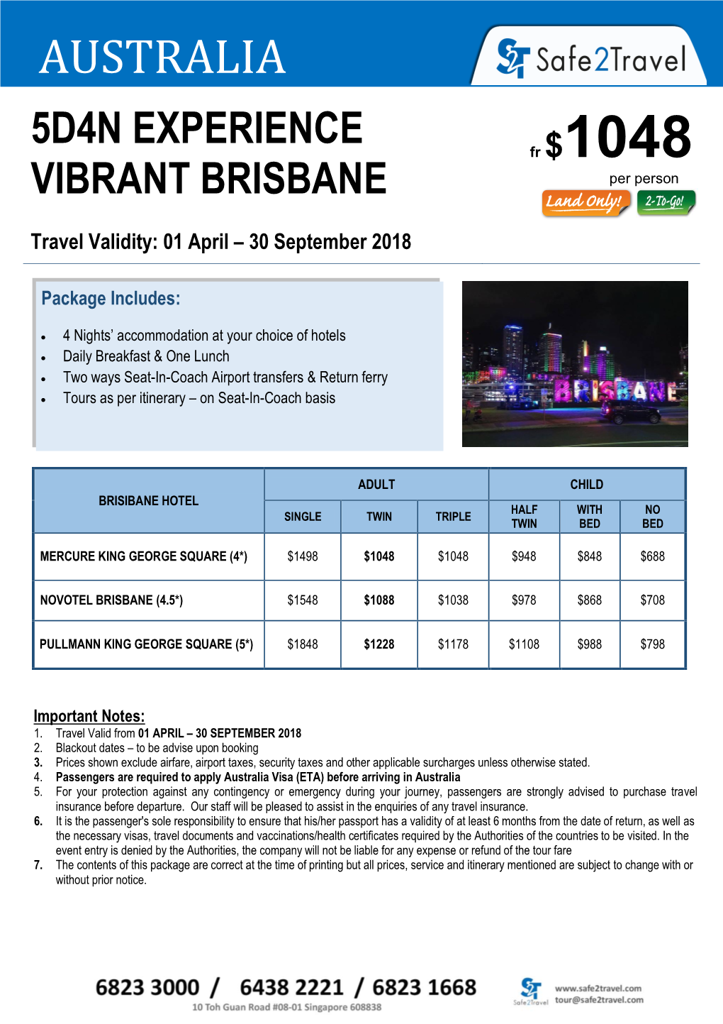 Fr $1048 VIBRANT BRISBANE Per Person